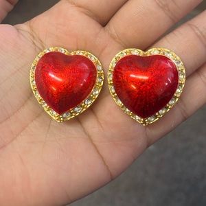 Victorias Secret ❤️ Red Enamel and Rhinestone Heart  Clip On Earrings- Vintage
